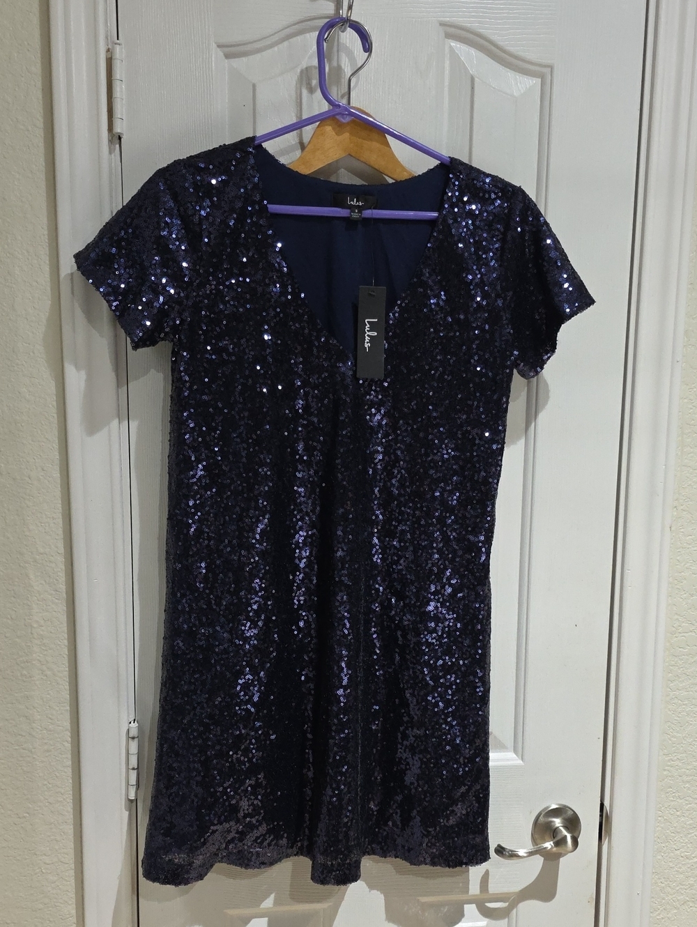 Lulu's Navy Sequin Short Sleeve V-Neck Dress